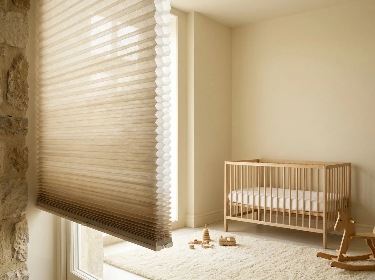 Cellular honeycomb blind softening light in a wine-estate family home nursery