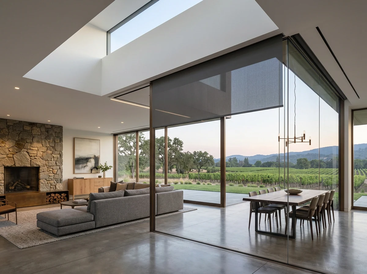 Concealed ceiling-recessed blind dropping from a slim slot in a double-volume wine-estate lounge with frameless glass
