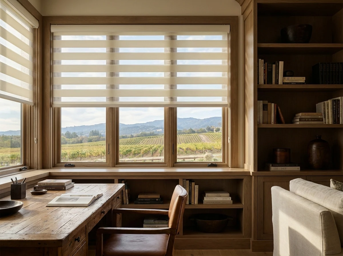 Day and night zebra blind filtering light into a wine-estate home office overlooking the vines