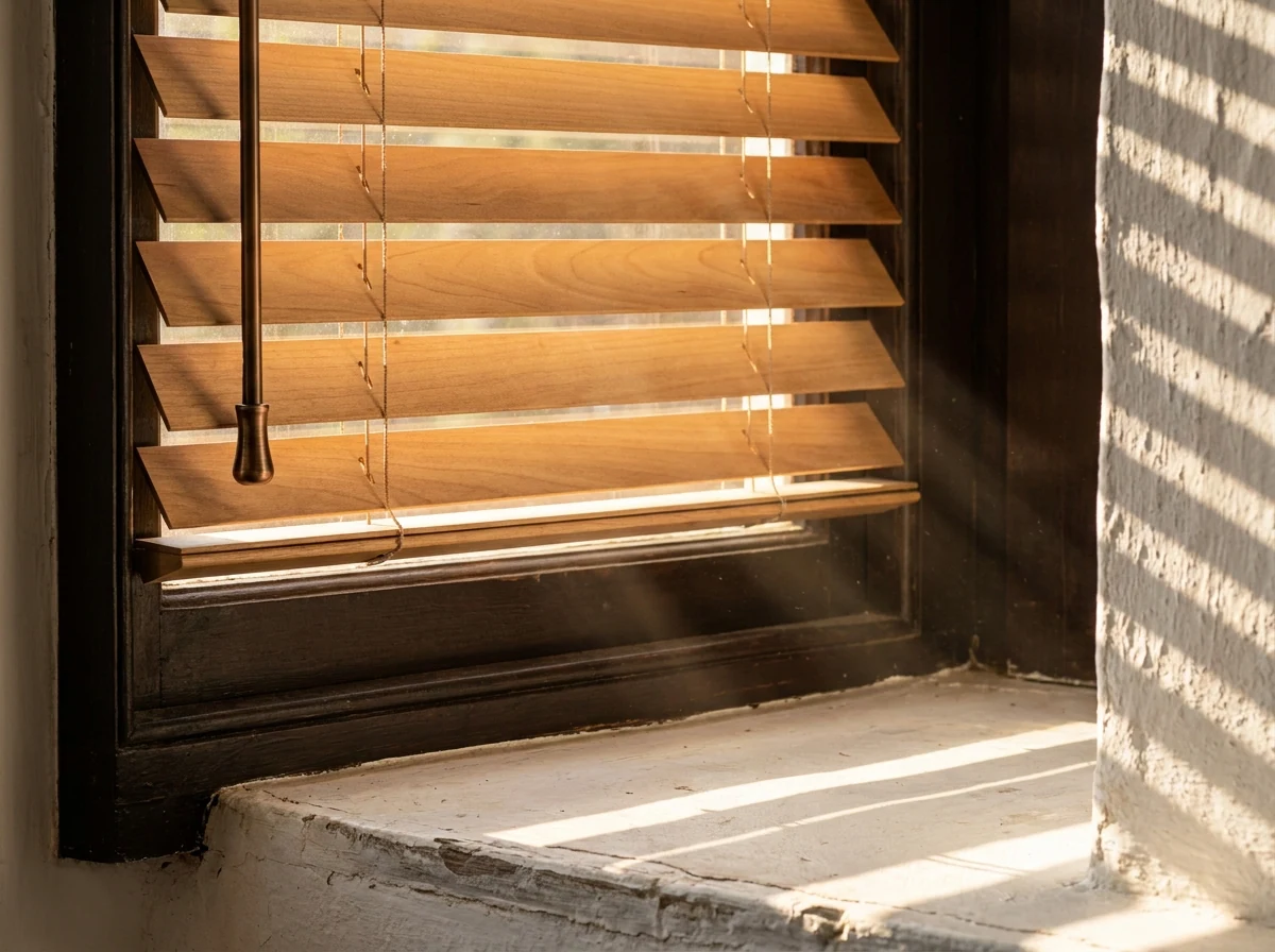 Close-up of timber venetian blind slats tilted open in a deep-set Cape Dutch sash window