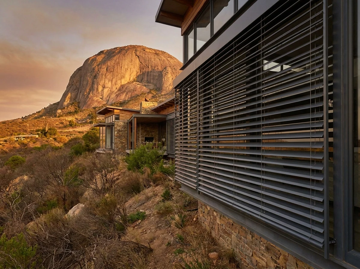 Motorised external venetian blinds on a Paarl home facade shading against reflected afternoon glare off Paarl Rock