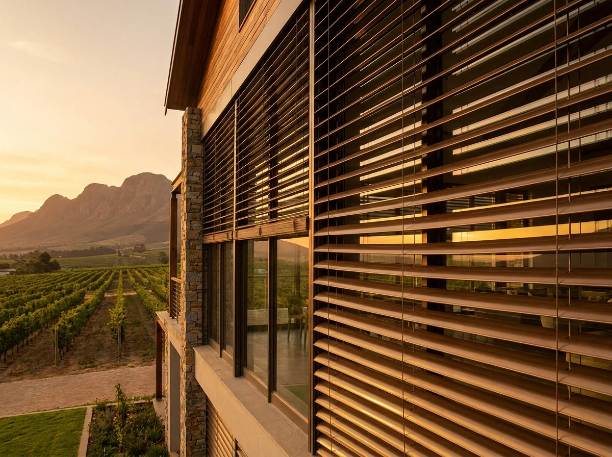 Motorised external aluminium venetian blinds shading the west facade of a Cape Winelands wine-estate building