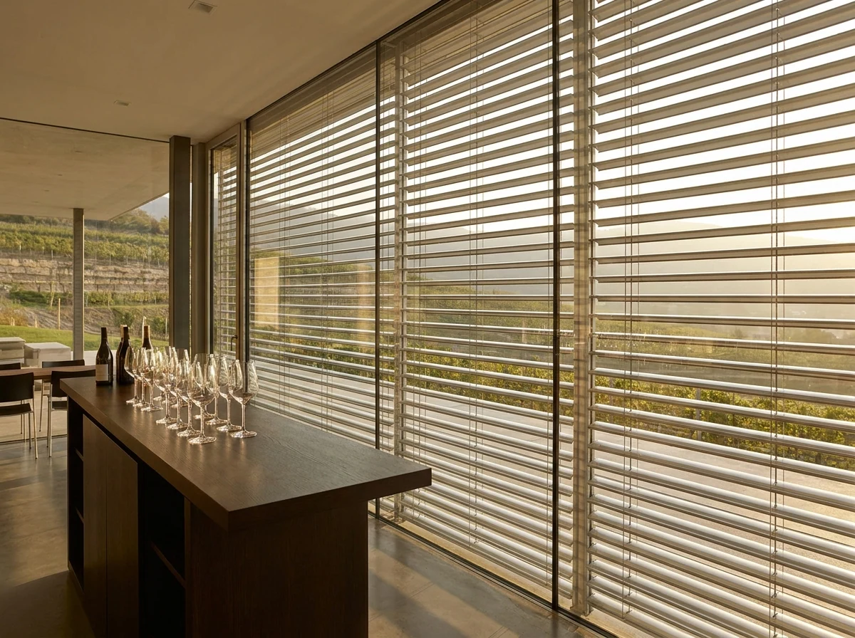 Motorised external aluminium venetian blinds partially closed against afternoon glare on a wine-estate tasting room glass wall