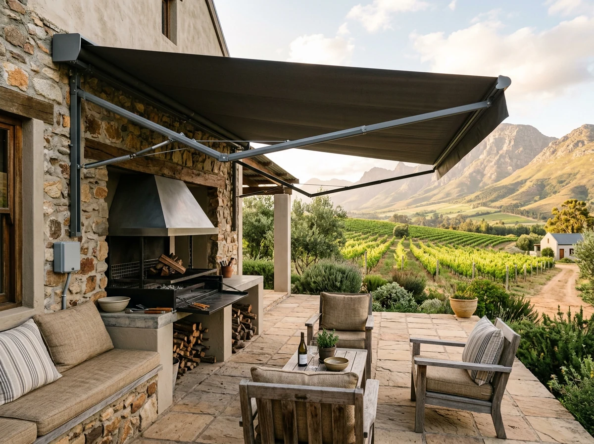 Motorised folding-arm awning extended over a stone braai patio on a Cape Winelands wine estate