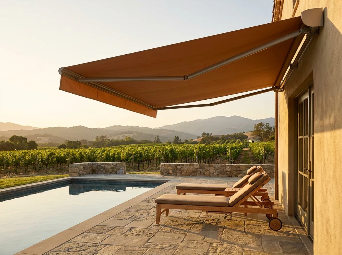 Retractable folding-arm awning shading sun loungers on a wine-estate guest cottage pool terrace