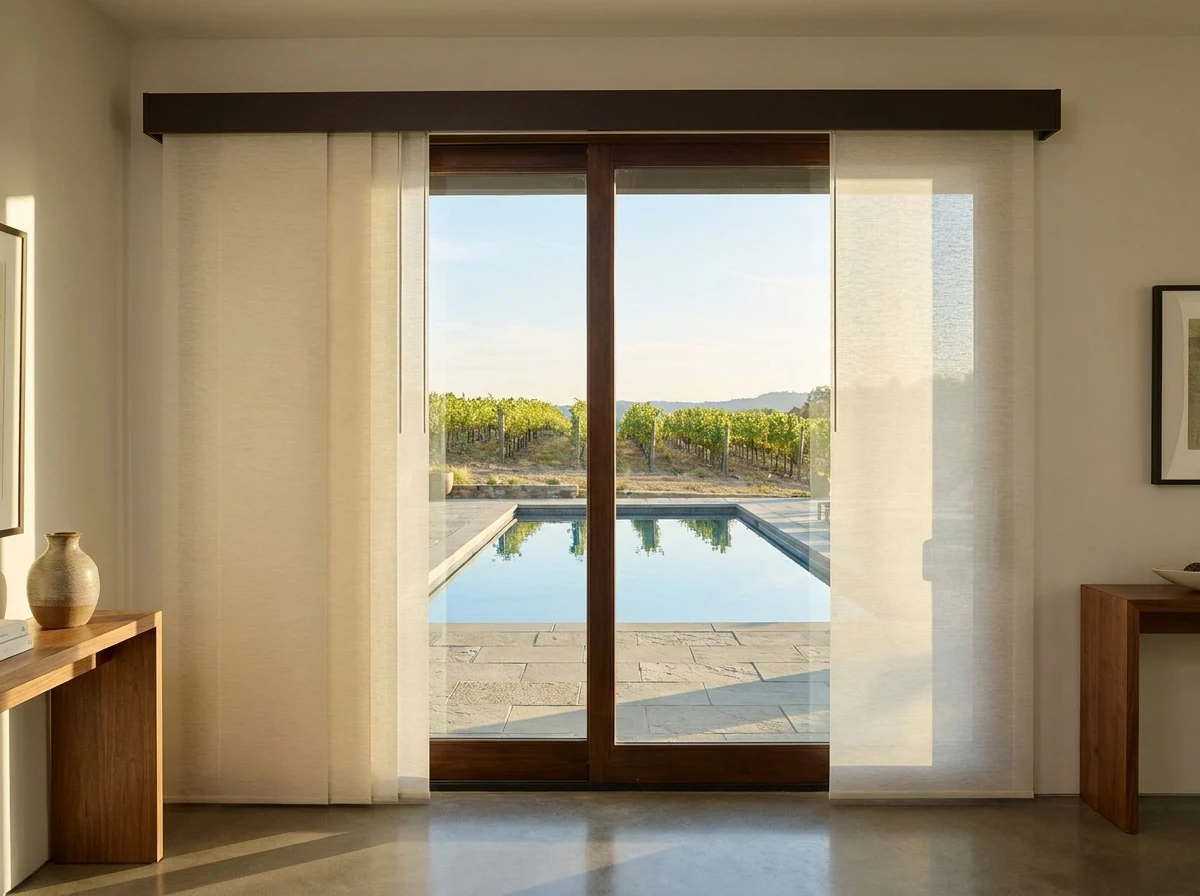 Wide panel-glide blinds drawn across sliding glass doors onto a wine-estate pool terrace