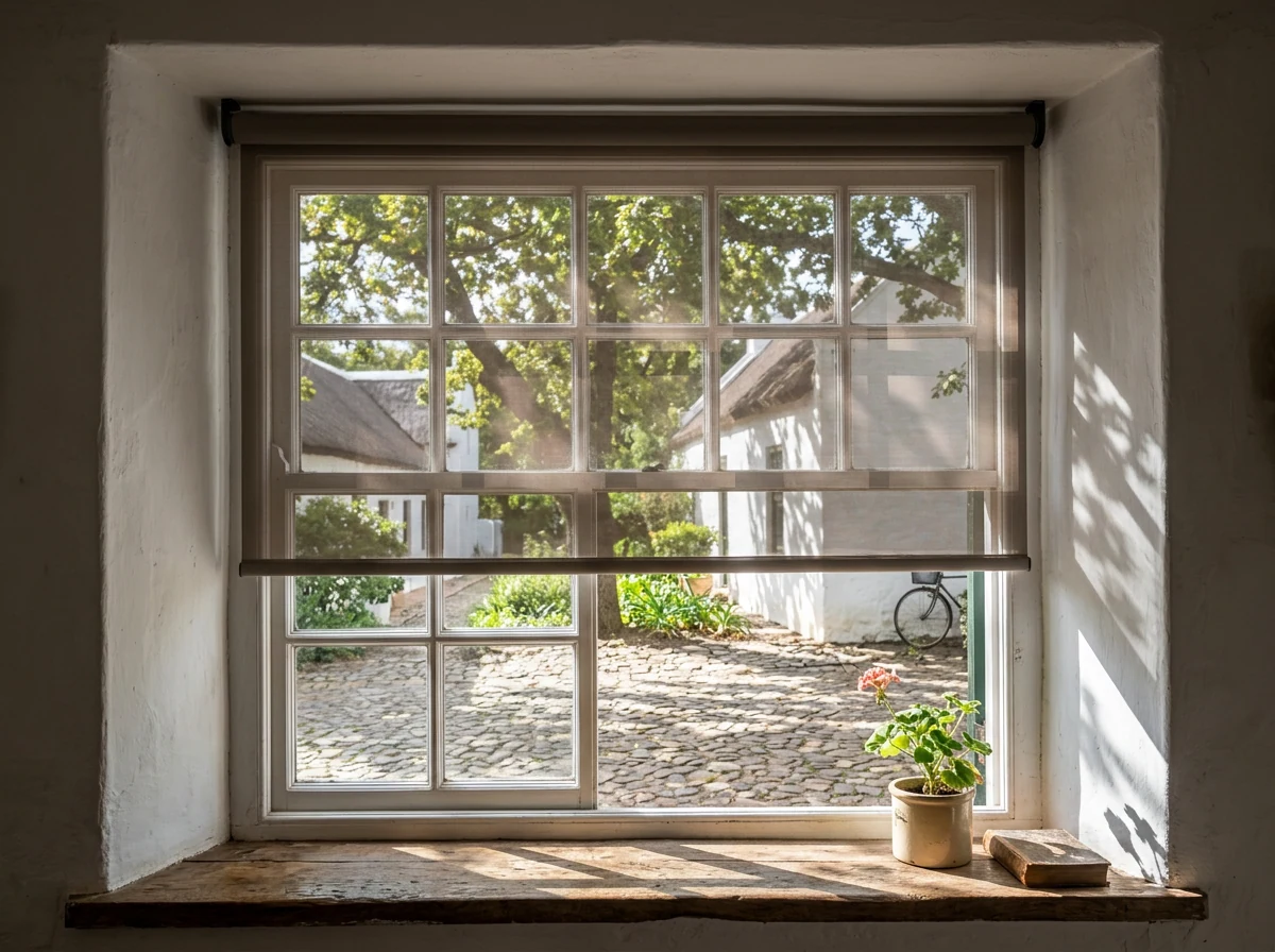 Sunscreen roller blind in an oak-shaded Cape Dutch cottage window on a Stellenbosch street