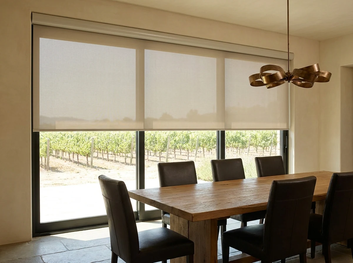 Sunscreen roller blind over glass doors in a Cape Winelands wine-estate dining room, vineyard visible through the mesh