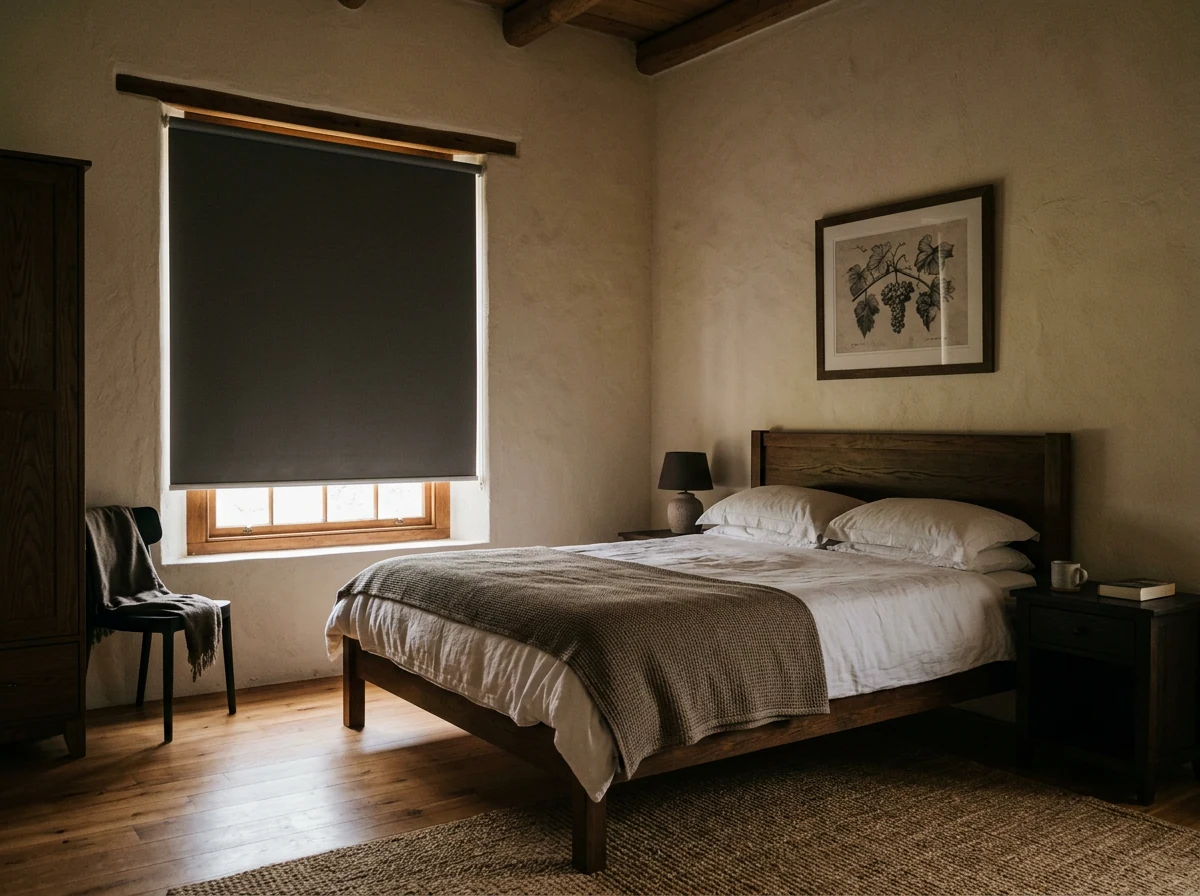 Blockout roller blind lowered in a Cape Winelands wine-estate guest cottage bedroom