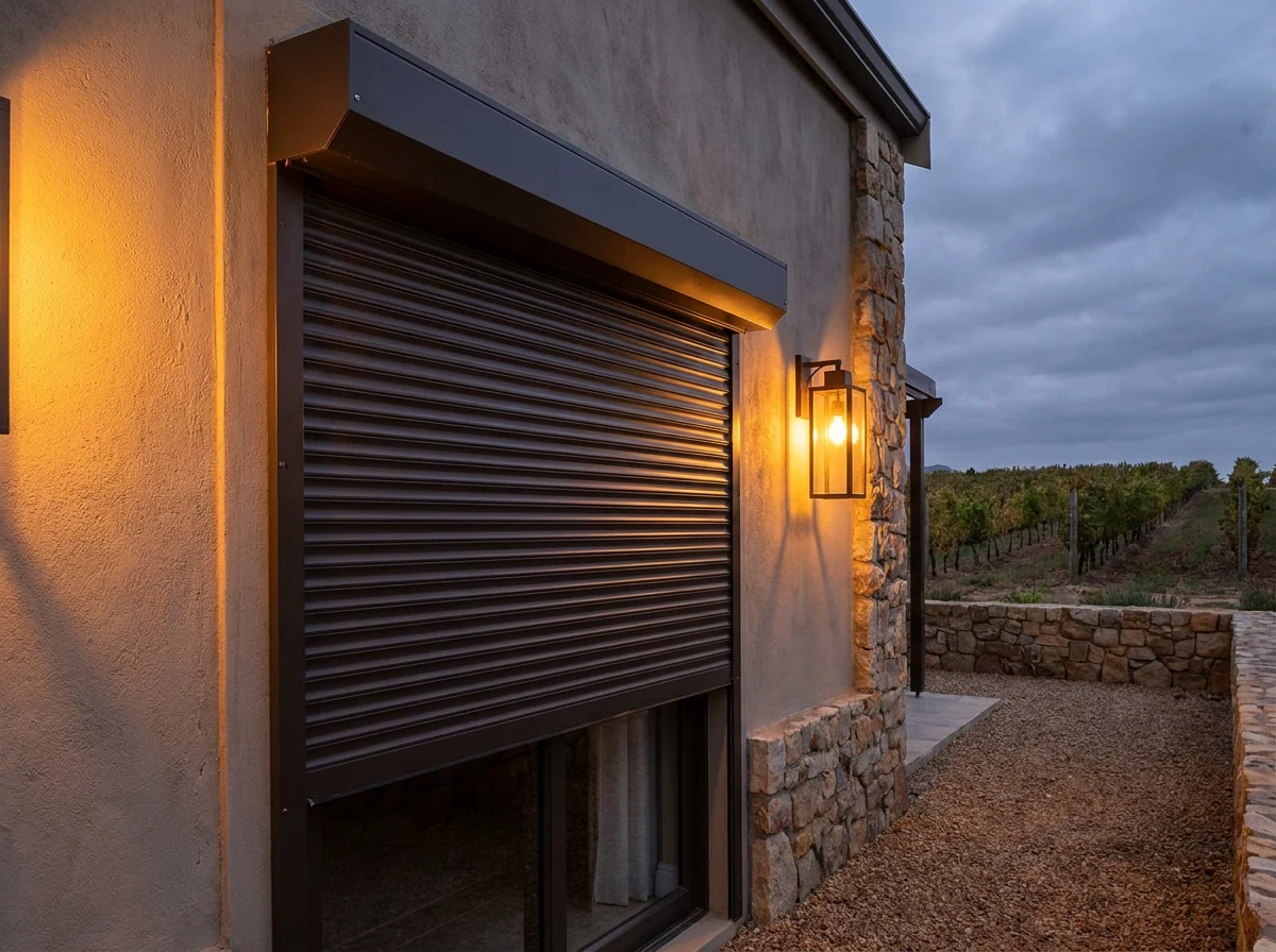 External roller shutter with rigid aluminium slats partially lowered over a wine-estate window for shade and privacy