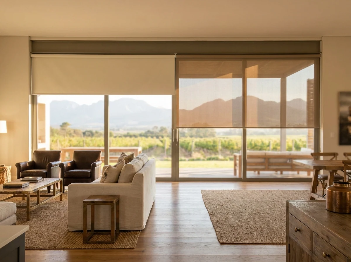 Double roller blind — blockout and sunscreen — fitted over wide glass doors in a wine-estate living room with a mountain and vineyard view
