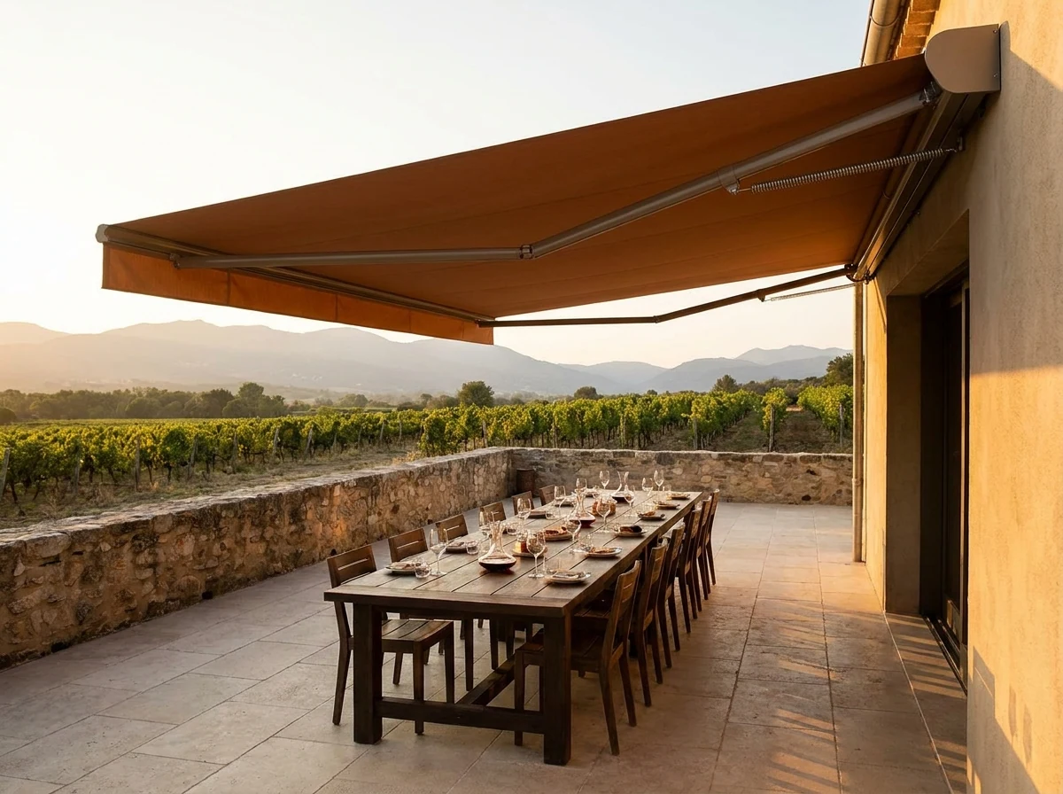 Retractable folding-arm awning extended over a long dining table on a wine-estate entertaining terrace at sunset