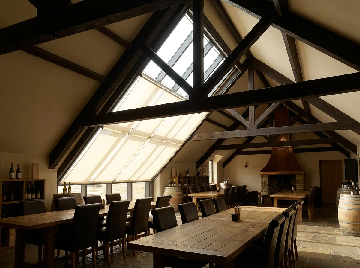 Tensioned skylight blind following a raked gable window in a barn-style wine-estate tasting room