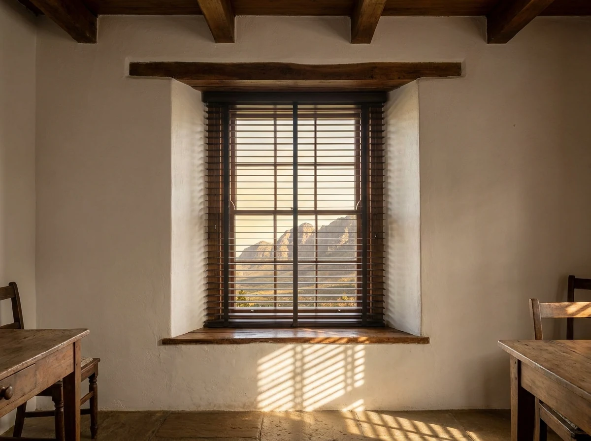 Timber venetian blind in a restored Huguenot-era Cape Dutch cottage window in Franschhoek, mountains visible outside