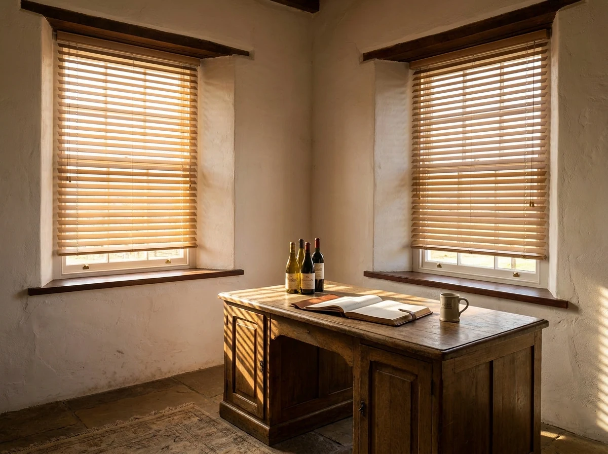 Timber venetian blind slats tilted for glare control in a Cape Winelands wine-estate cellar door reception office