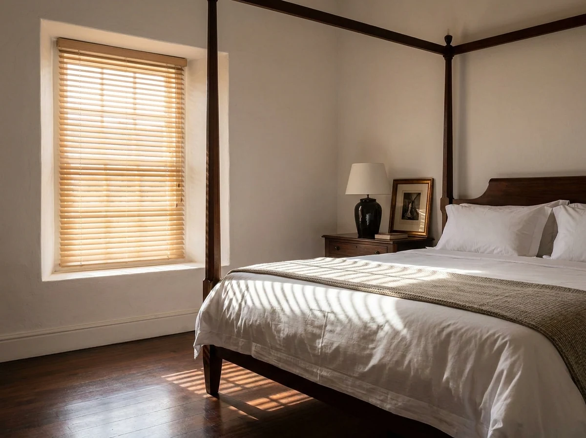 Timber venetian blind slats tilted open in a heritage guest bedroom sash window on a Cape Winelands wine estate