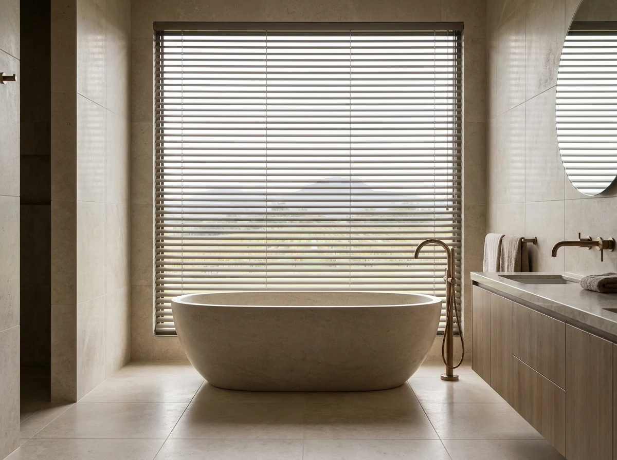 Aluminium venetian blind with tilted slats over a bath window in a wine-estate ensuite bathroom