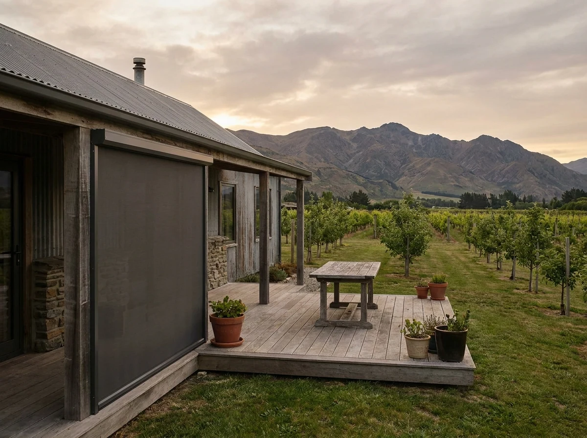 Zip-track outdoor screen enclosing a terrace on a working wine and fruit farm homestead near Wellington
