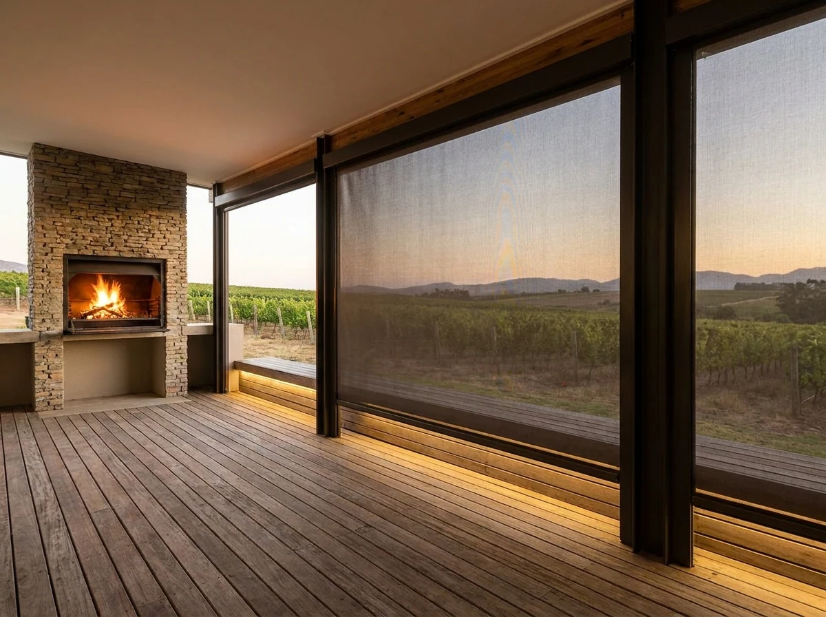 Zip-track outdoor screen enclosing a wine-estate braai deck against the evening mountain wind